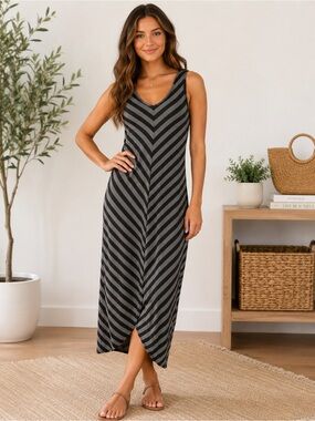 Athleta Cross Shore Black and Gray Striped Maxi Tank Dress S